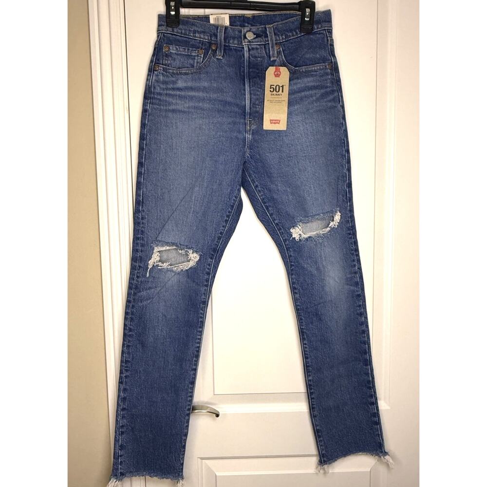 Levi's 501 Skinny High Rise Jeans Women’s 27x28 Distressed Button Fly Blue NEW
